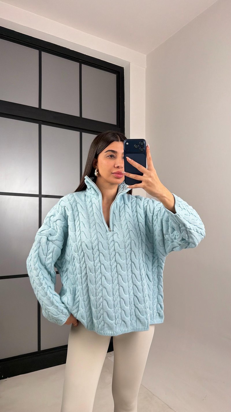 Açık Mavi Fermuarlı Saç Örgülü Kazak GAUS-00855