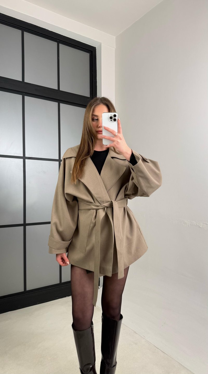 Haki Astarlı Kuşaklı Premium Trençkot GAUS-00977