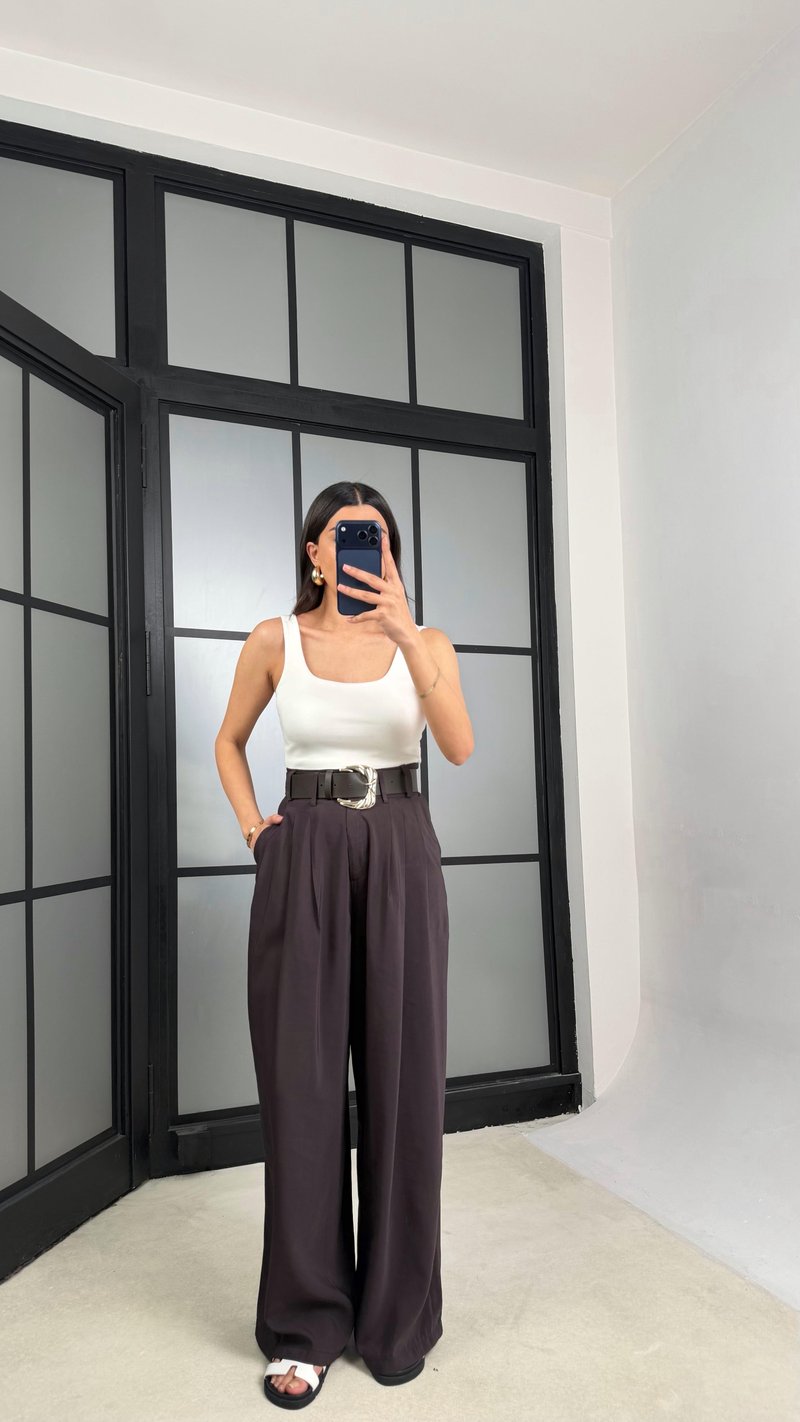 Kahve Kemerli Geniş Paça Pantolon GAUS-01339