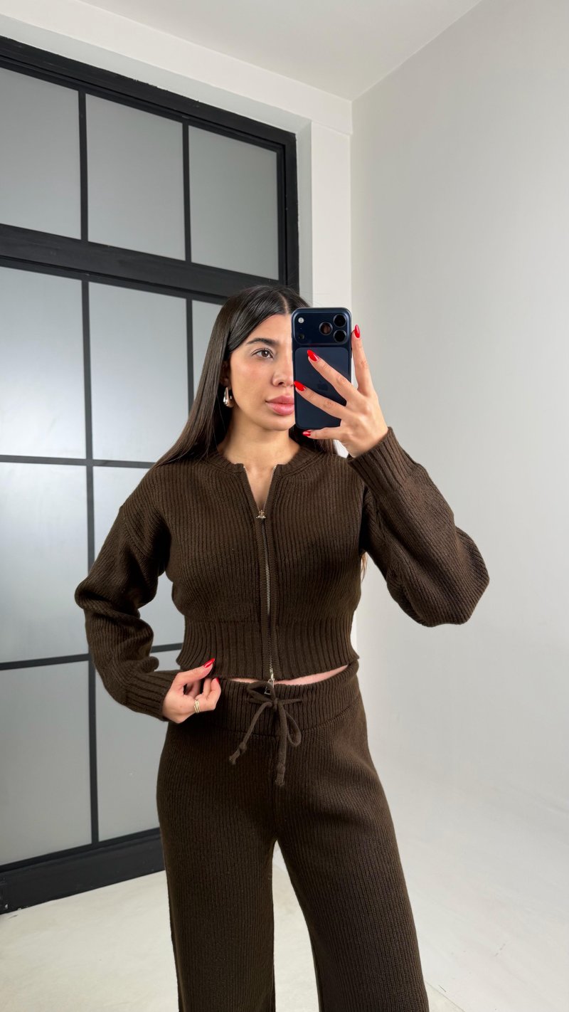 Acı Kahve Çift Fermuarlı Hırka Pantolon Triko Takım GAUS-00951