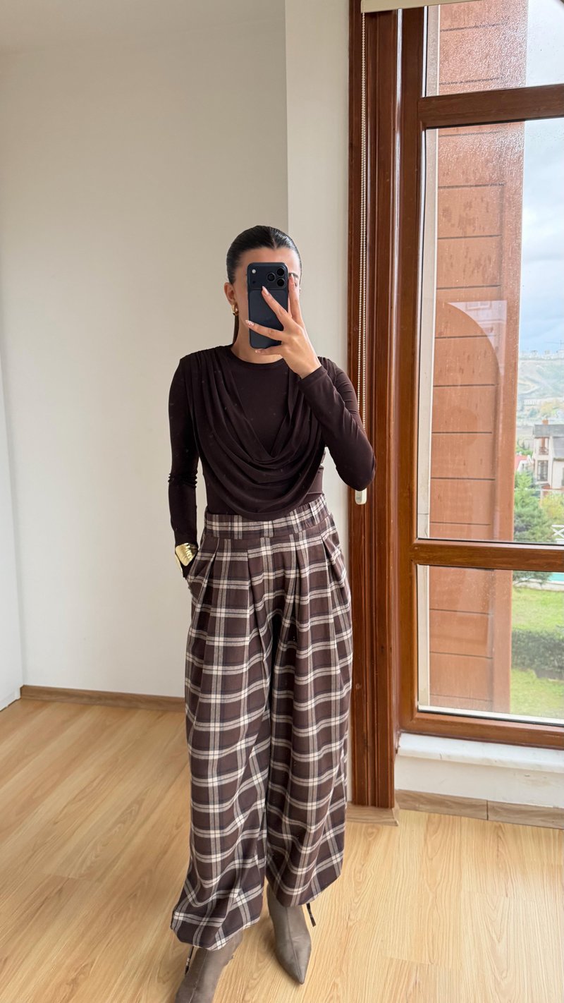 Kahve Beli Lastikli Muadil Ekose Pantolon GAUS-00840