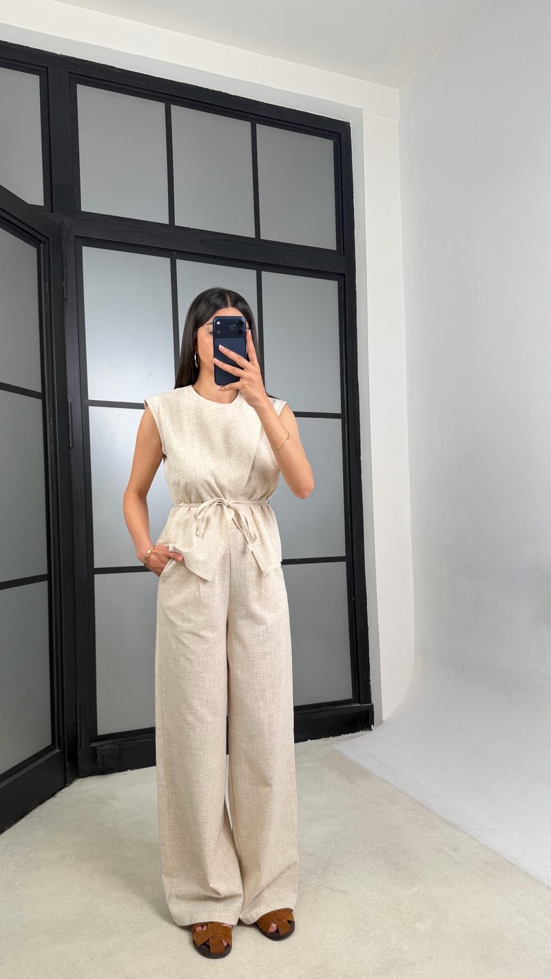 Taş Kuşaklı Bluz Beli Lastikli Pantolon İkili Keten Takım GAUS-01540