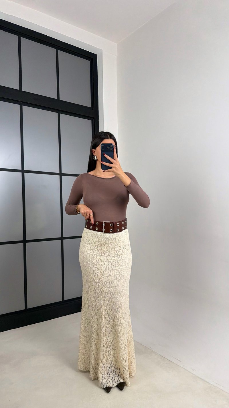 Ekru Maxi Boy Full Astarlı Dantel Etek GAUS-00714