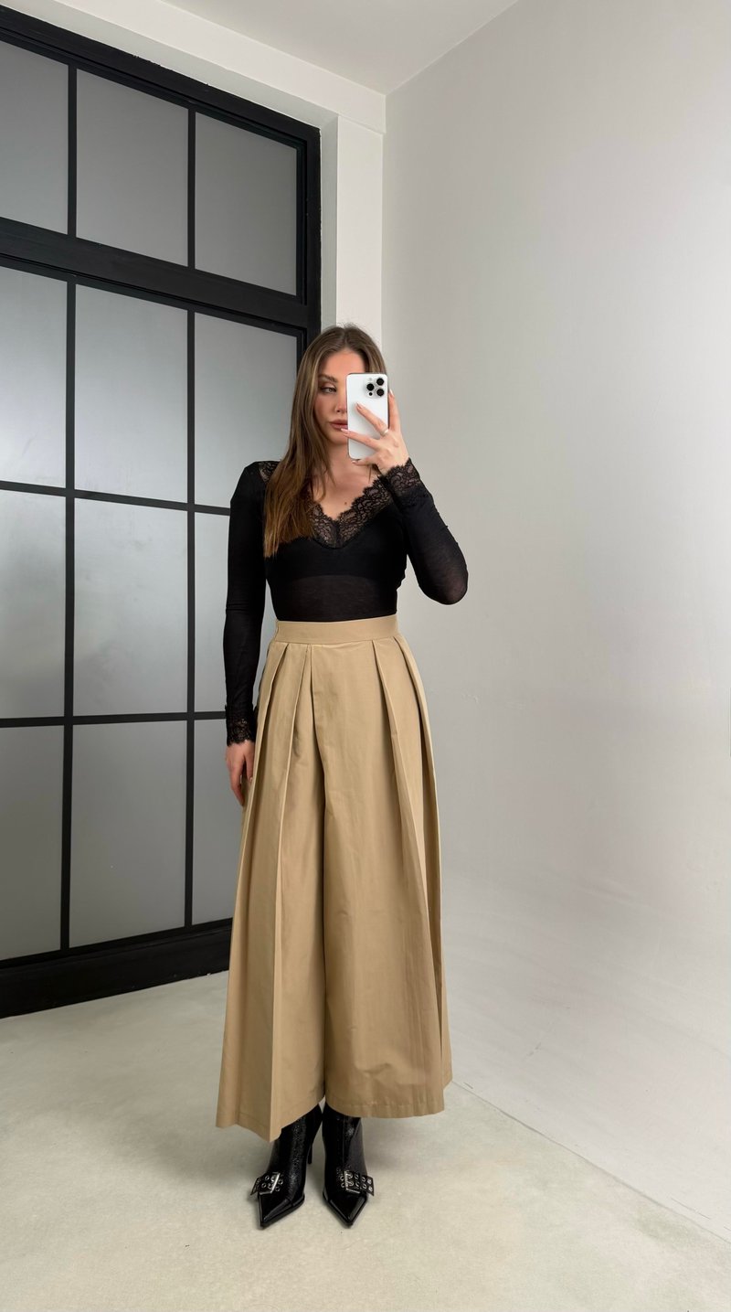 Camel Beli Lastikli Tasarım Etek Pantolon GAUS-00994