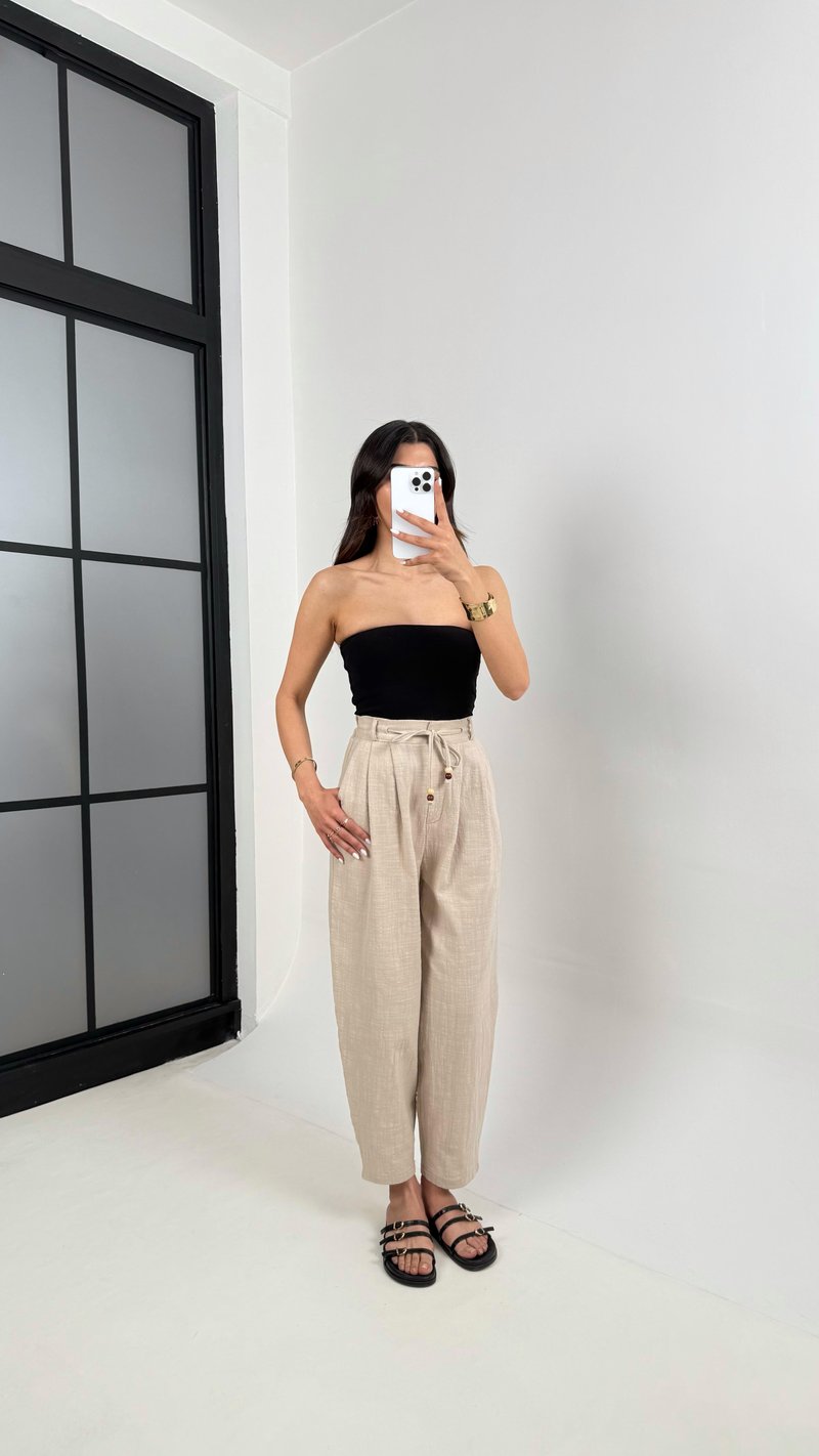 Taş Cepli Kuşaklı Balon Keten Pantolon Gaus00383