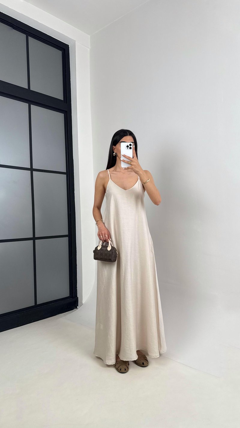 Taş Askılı Astarlı Cepli Tencel Elbise Gaus00449