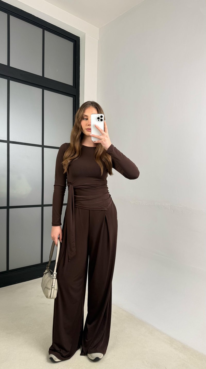 Kahve Bağlama Detaylı  Bluz Beli Lastikli Pantolon Sandy Takım GAUS-01145