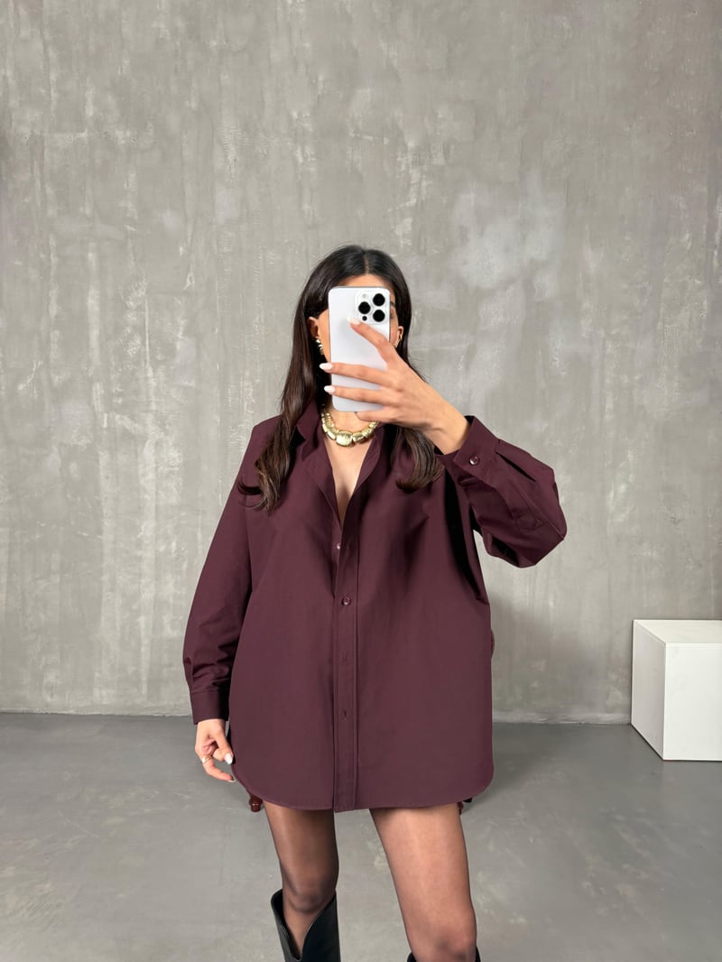 Zela Bordo Pamuklu Oversize Gömlek