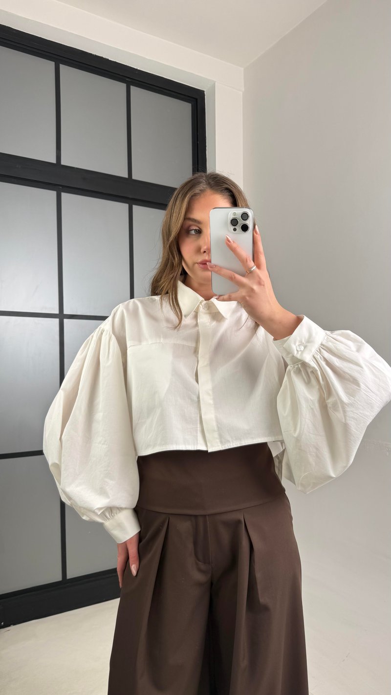 Ekru Balon Kol Crop Poplin Gömlek GAUS-01117