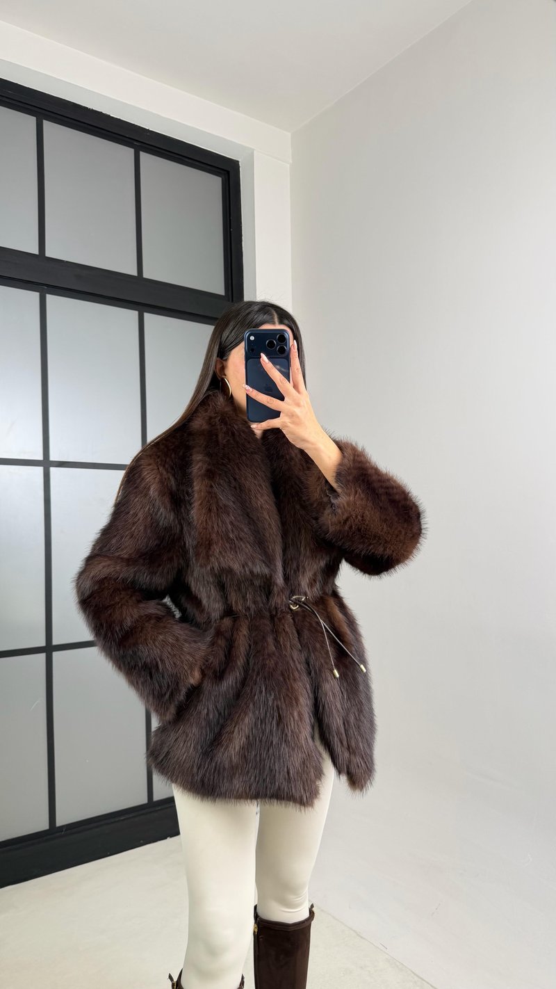 Acı Kahve Astarlı Kemer Detaylı Premium Kürk GAUS-00878