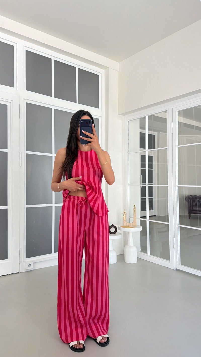 Pembe Kırmızı Çizgili Bluz Beli Lastikli Pantolon Çizgili Premium Takım GAUS-01740