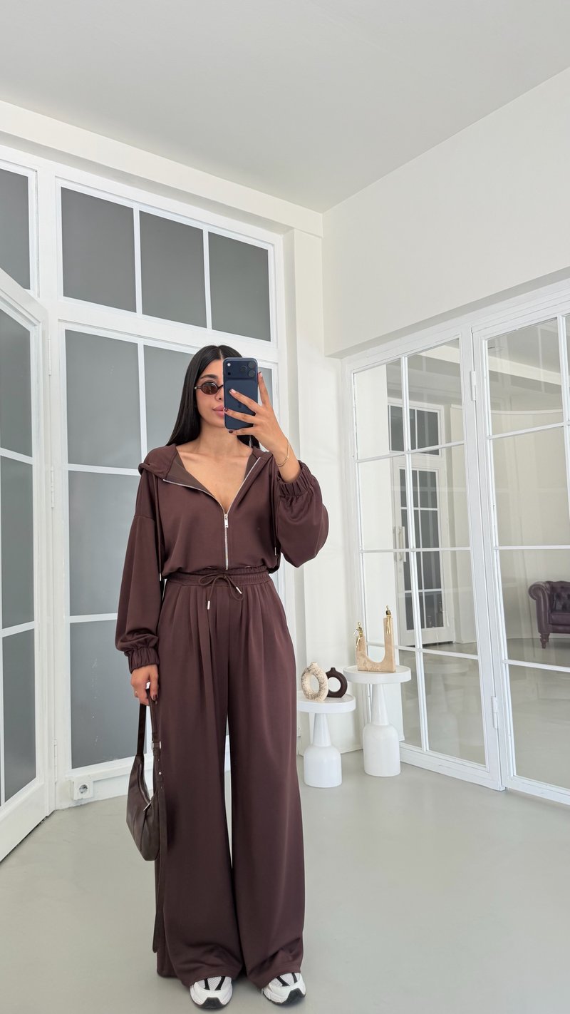 Kahve Kapüşonlu Hırka Beli Lastikli Pantolon İkili Takım GAUS-01901