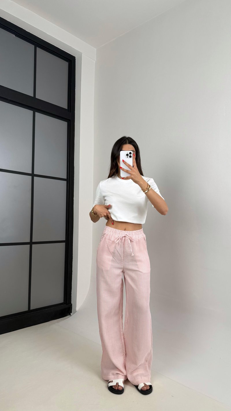 Pembe Beyaz Şeritli Beli Lastikli Keten Pantolon Gaus00479