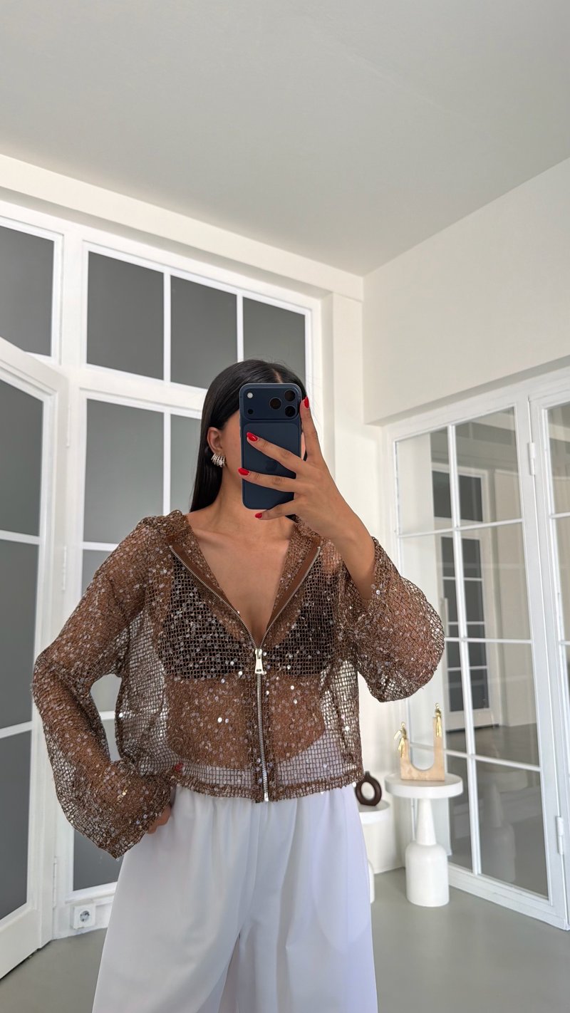 Kahve Kapüşonlu Pullu Hırka GAUS-01837