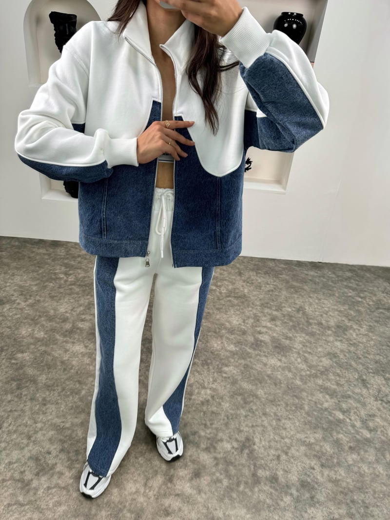 Jadon Beyaz Üç İplik Şardonlu Denim Karışımlı Takım