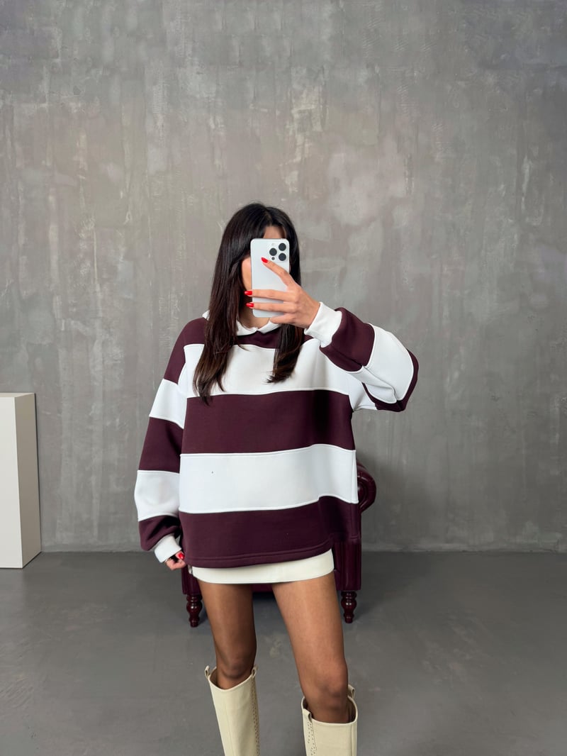 Nicol Bordo Beyaz Çizgili ZR Model Sweatshirt