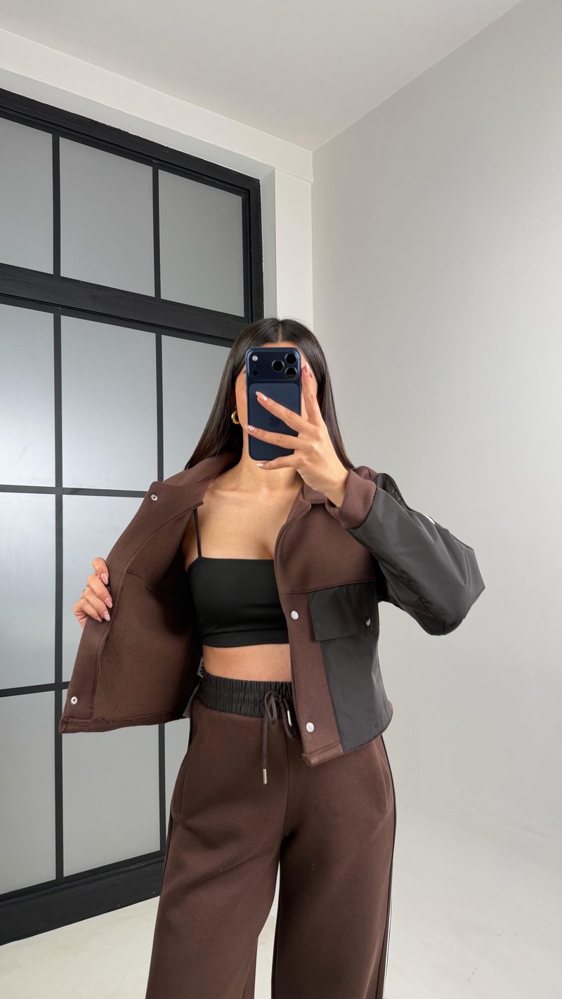 Kahve Cepli Paraşüt Detaylı Ceket Beli Lastikli Pantolon Premium Takım GAUS-00854