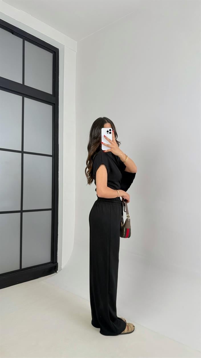 Siyah Yarasa Kol Bluz Beli Lastikli Pantolon Tasarım Modal Kumaş Takım GAUS-01251