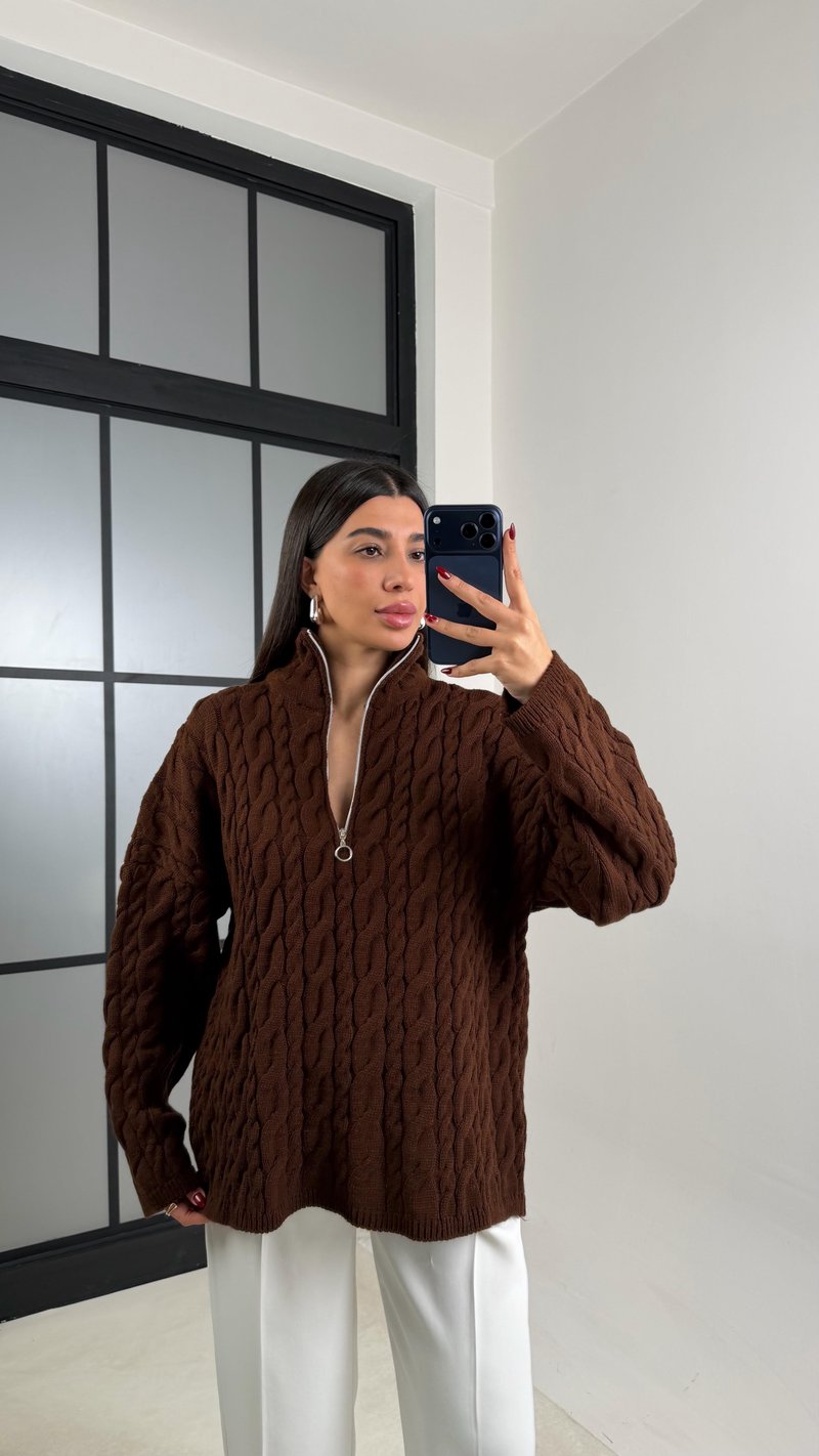 Kahve Fermuarlı Örgü Kazak GAUS-00213