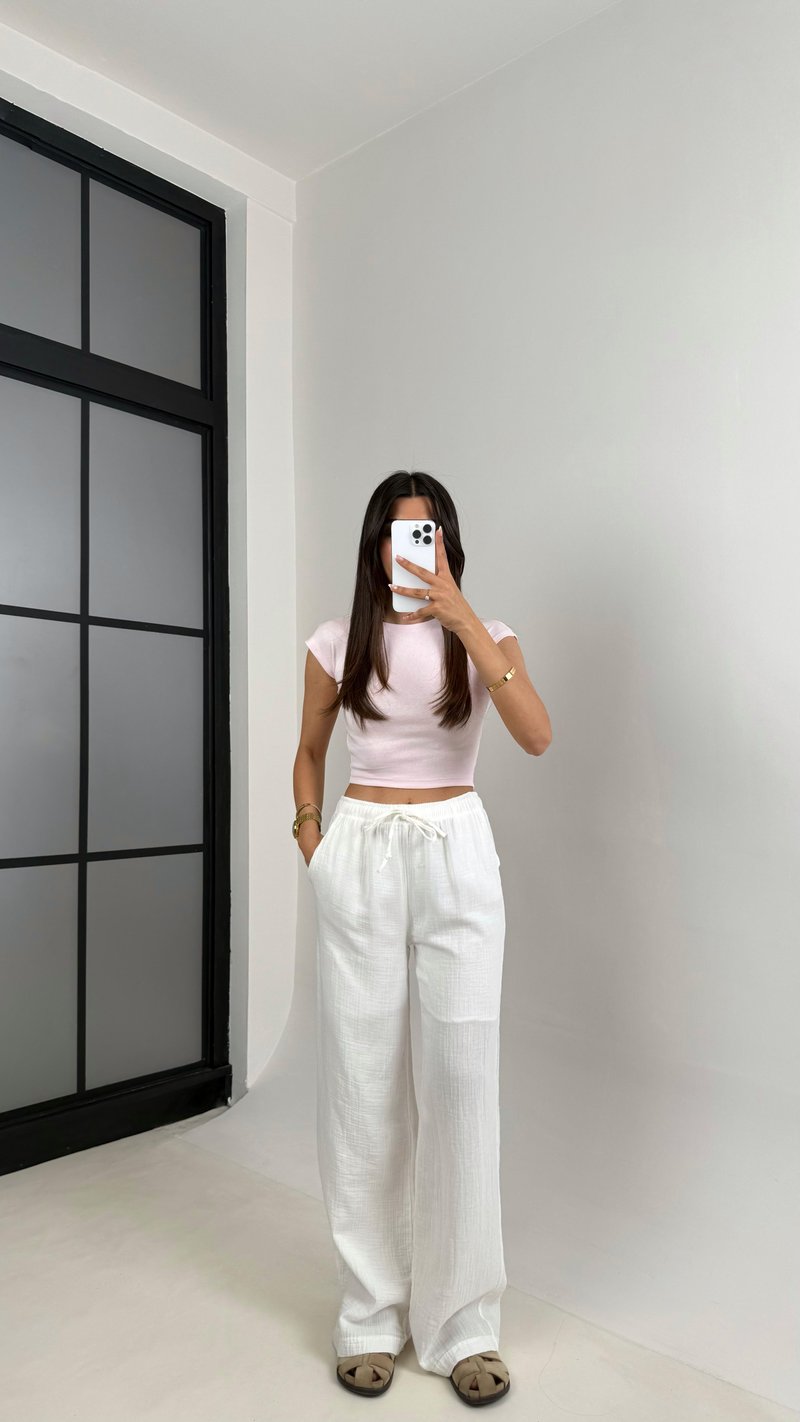 Beyaz Beli Lastikli Müslin Pantolon Gaus00586