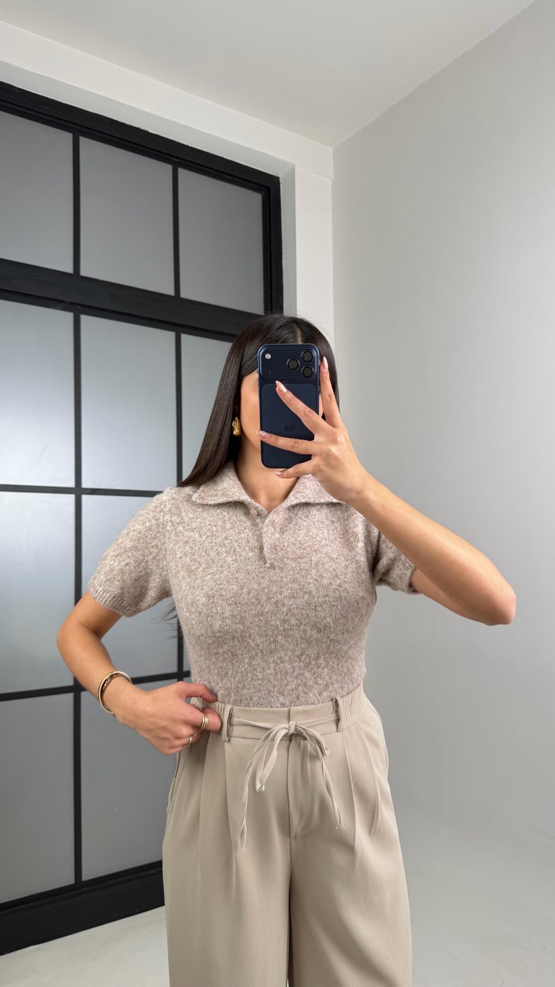 Bej Polo Yaka MD Muadil Yumuşak Dokulu Kazak GAUS-00864