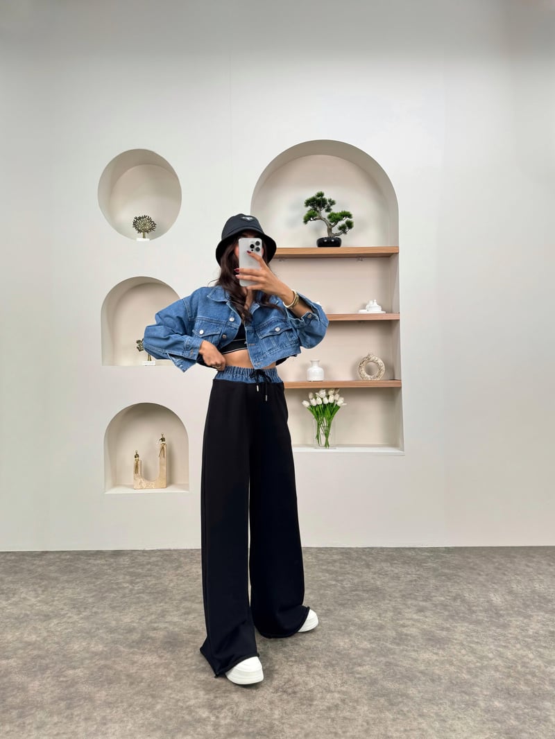 CR Siyah Beli Denim Lastikli Eşofman Altı
