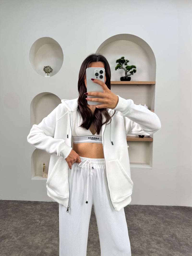 Khloe Beyaz Üç İplik Şardonlu Kapüşonlu Fermuarlı Sweatshirt