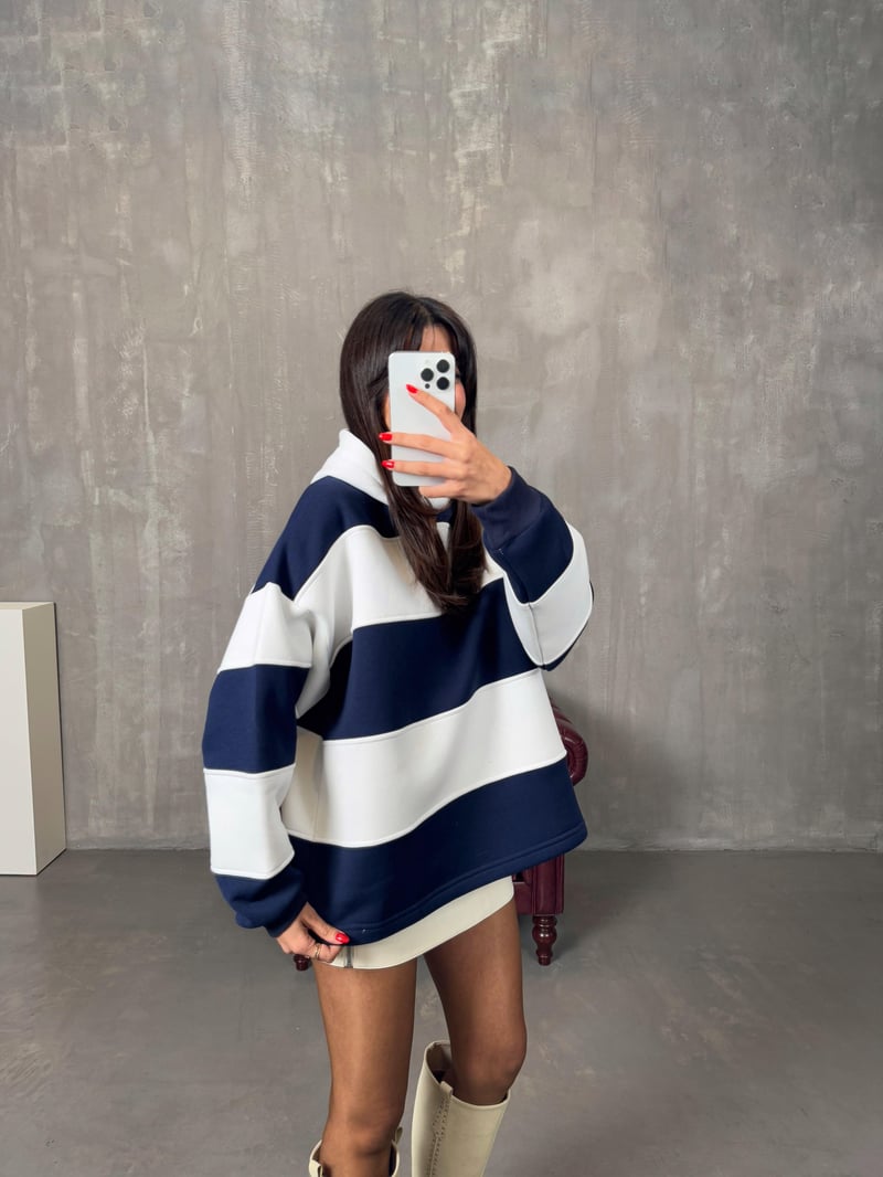 Nicol Lacivert Beyaz Çizgili ZR Model Sweatshirt