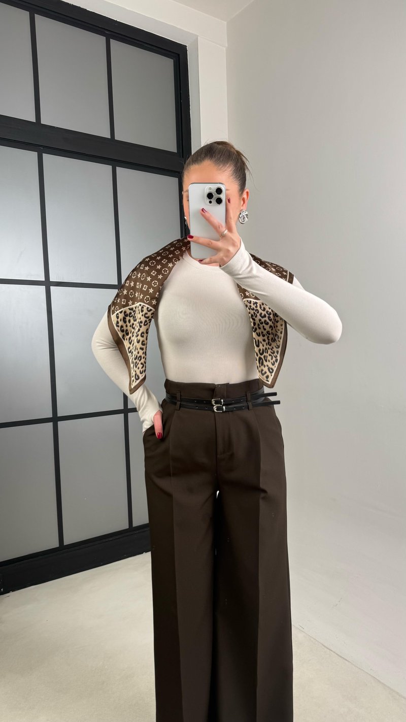Acı Kahve Çift Kemerli Pileli Kumaş Pantolon GAUS-00896