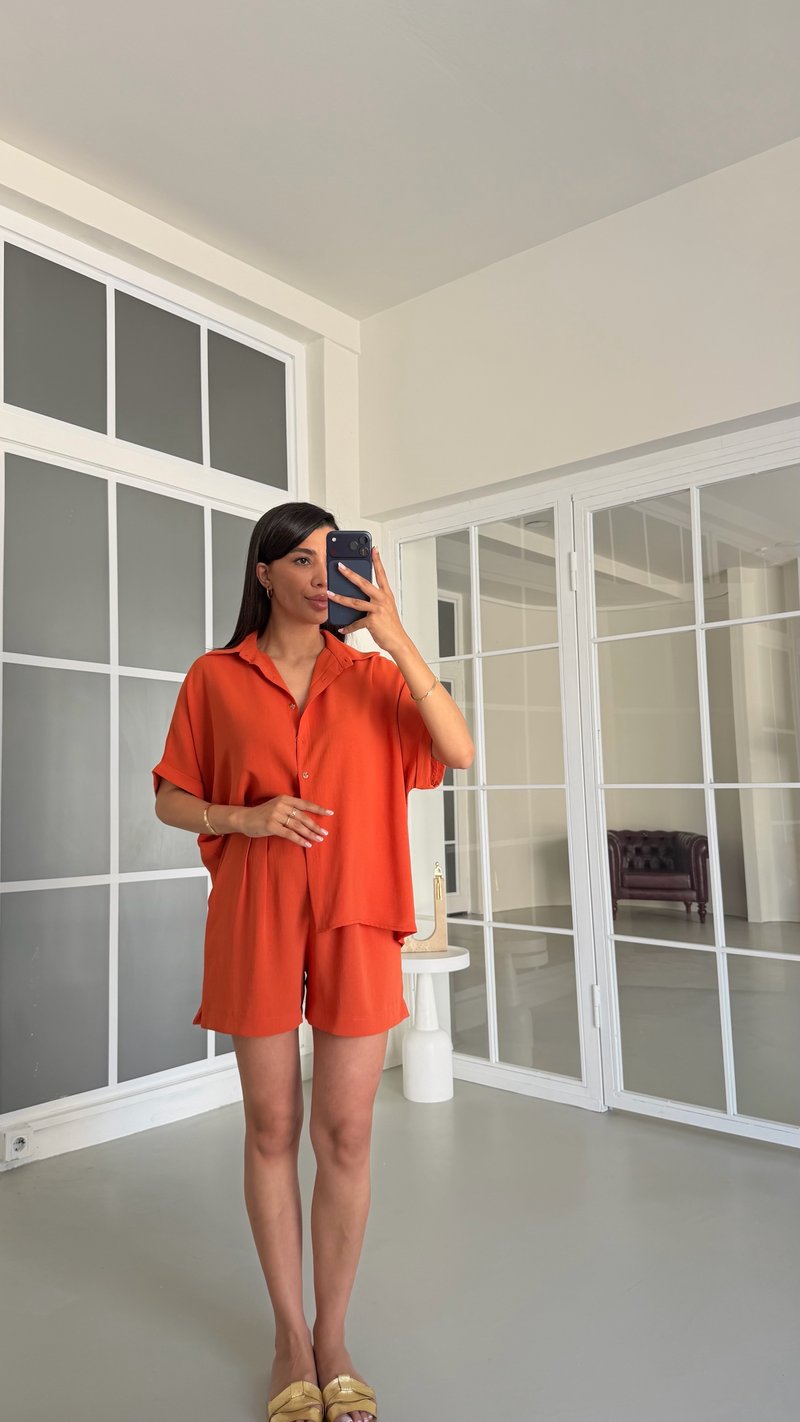 Turuncu Gömlek Beli Lastikli Şort Basic Takım GAUS-01721