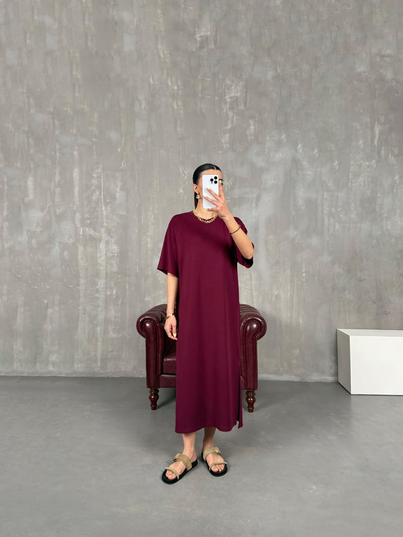 Bordo Modal Kumaş Yırtmaçlı Basic Elbise Gaus00100