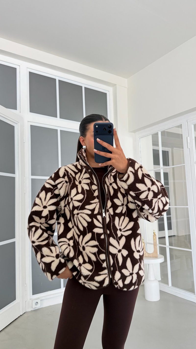 Kahve Çiçek Desenli Fermuarlı Polar Sweatshirt GAUS-01915