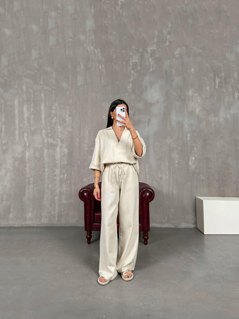 Gem V-Neck Linen Set Gaus00159