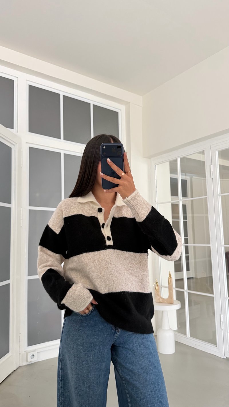 Siyah Polo Yaka Şeritli Triko Kazak GAUS-02193