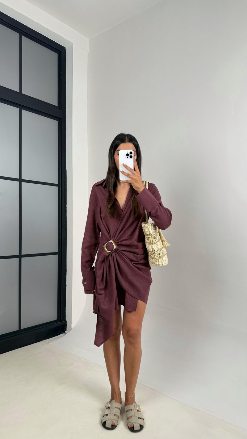 Bordo Toka Detaylı Premium Keten Elbise Gaus00689