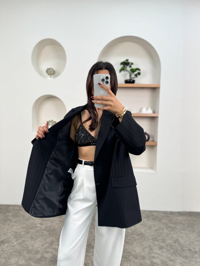 Anna Lacivert Çizgili Astarlı Blazer Ceket