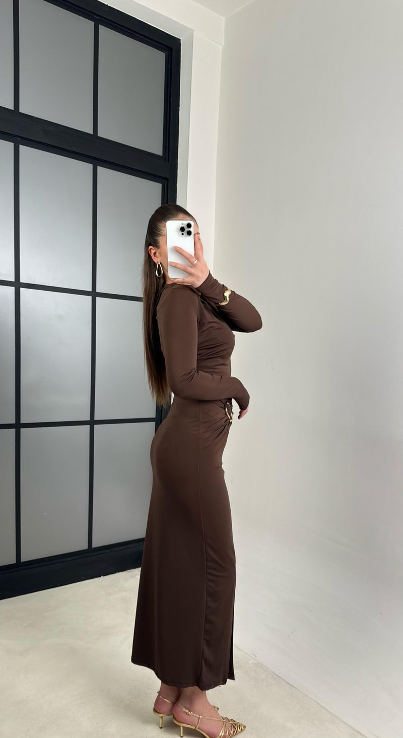 Acı Kahve Gold Toka Detaylı Yırtmaçlı Elbise GAUS-00786