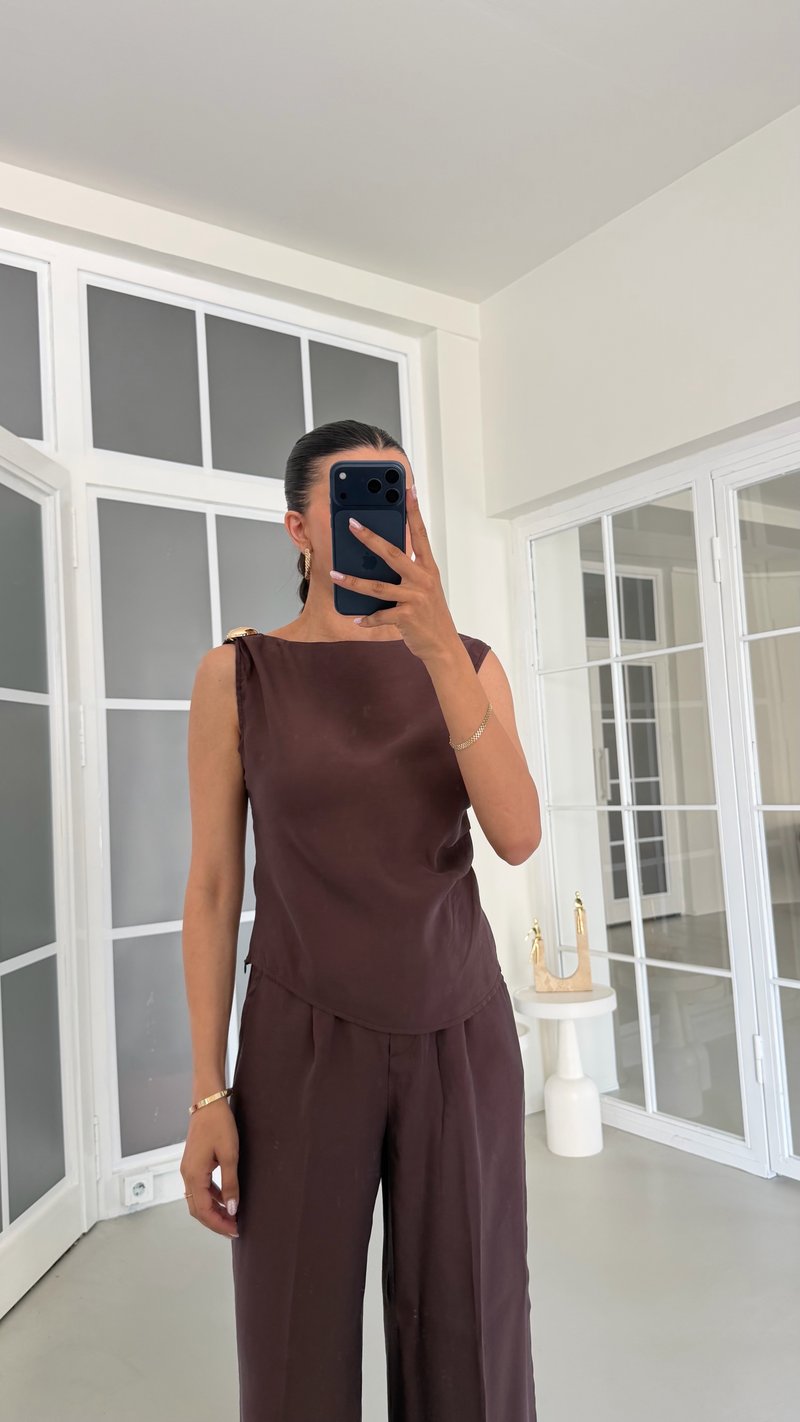 Kahve Gold Toka Detaylı Bluz Pantolon İkili Tencel Takım GAUS-01825