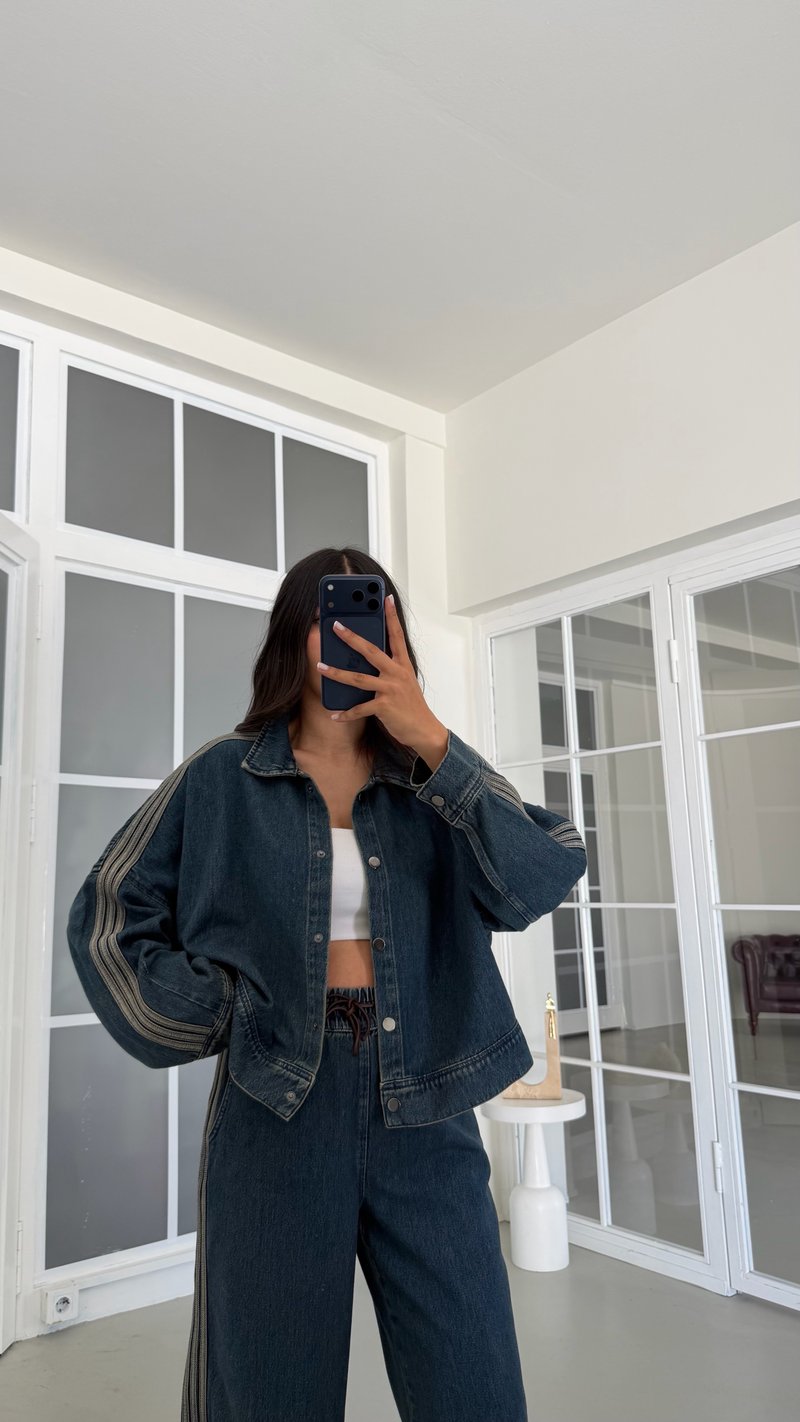 Gri Şerit Detaylı Ceket Beli Lastikli Pantolon İkili Denim Takım GAUS-02094