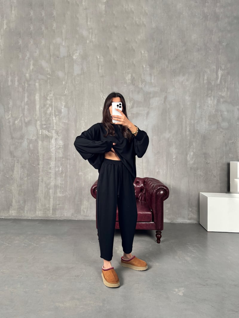 Serge Siyah Oys Kumaş Oversize İkili Takım 