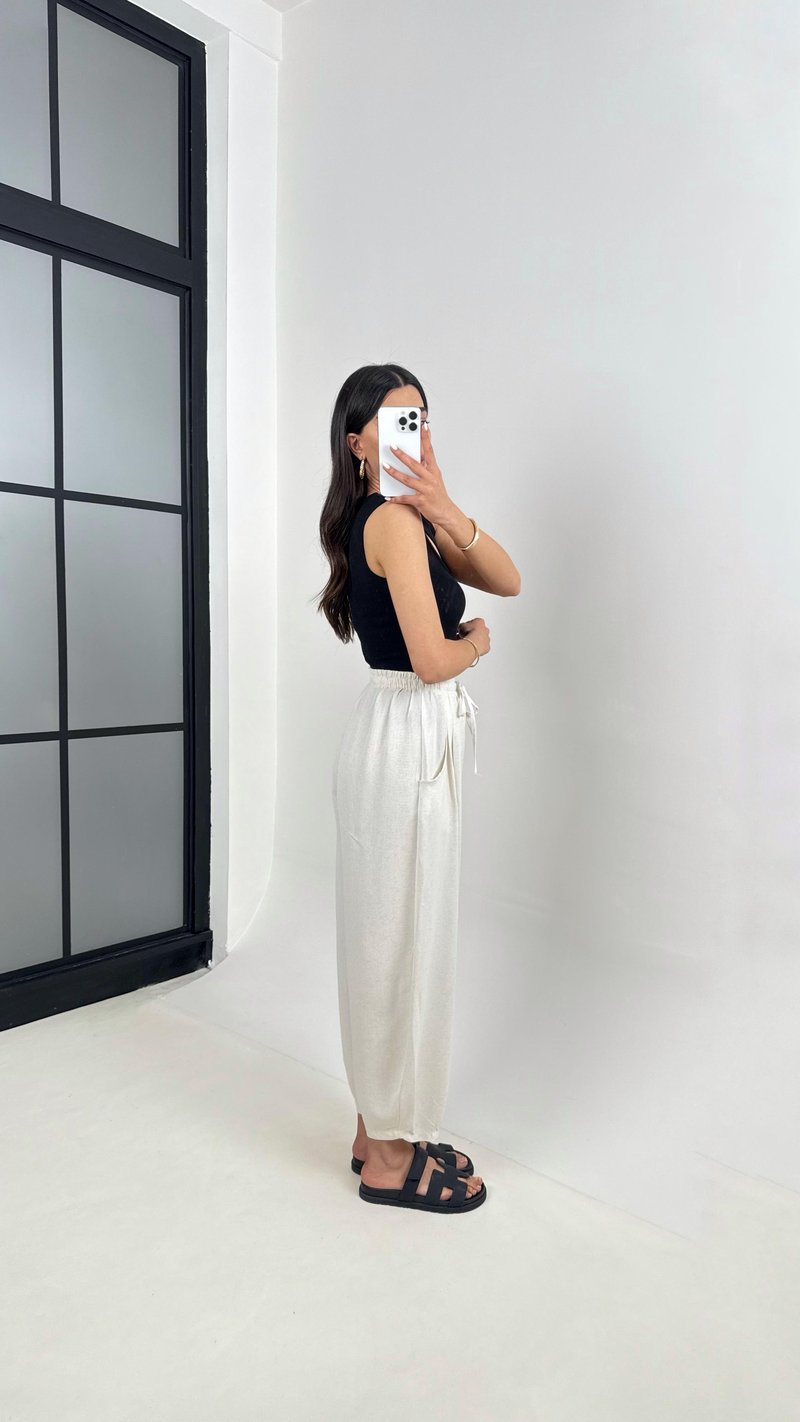 Taş Beli Lastikli Cepli Balon Keten Pantolon Gaus00391