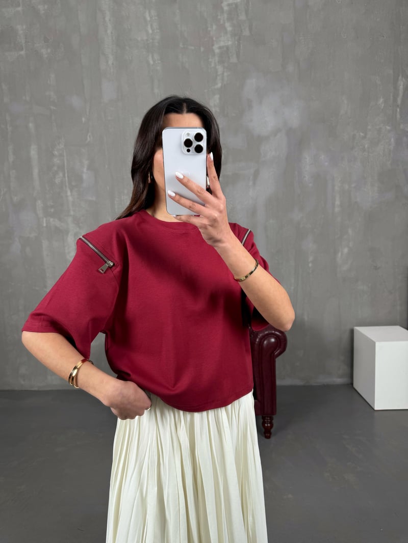 Ace Burgundy MD Equivalent Sleeve Zipper Detail Tshirt