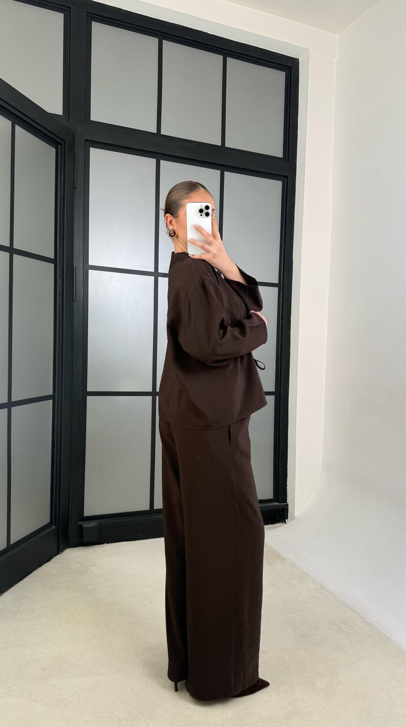 Acı Kahve Nakışlı Önden Bağlamalı Gömlek Beli Lastikli Pantolon İkili Takım GAUS-01196