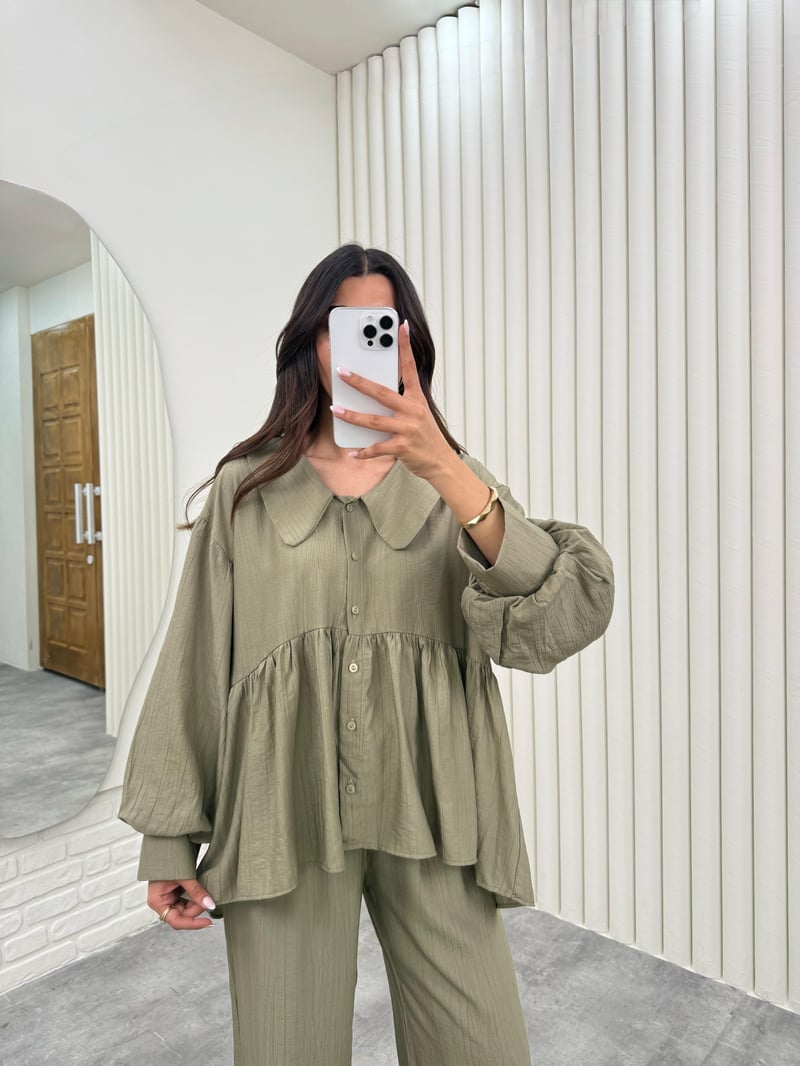 Haki Bebe Yaka Üst Beli Lastikli Cepli Pantolon İthal Kumaş Takım Gaus00292