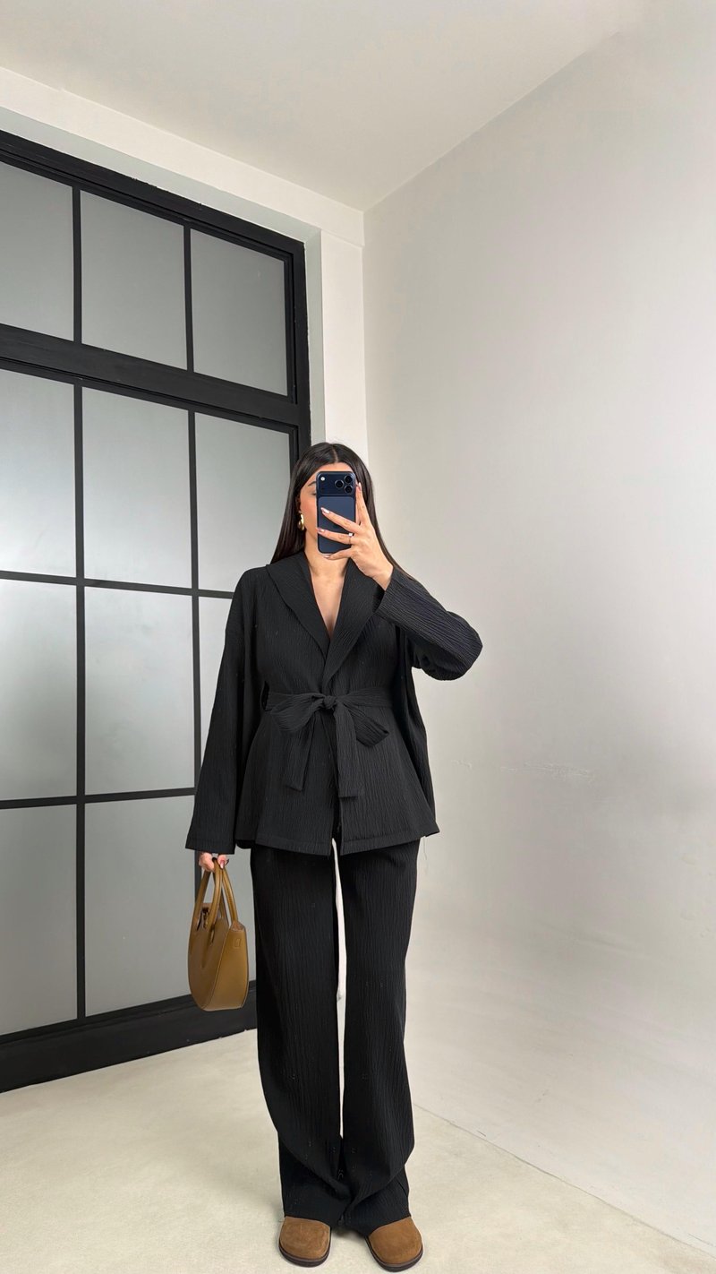 Siyah Kimono Beli Lastikli Pantolon İkili Muadil Takım GAUS-01113
