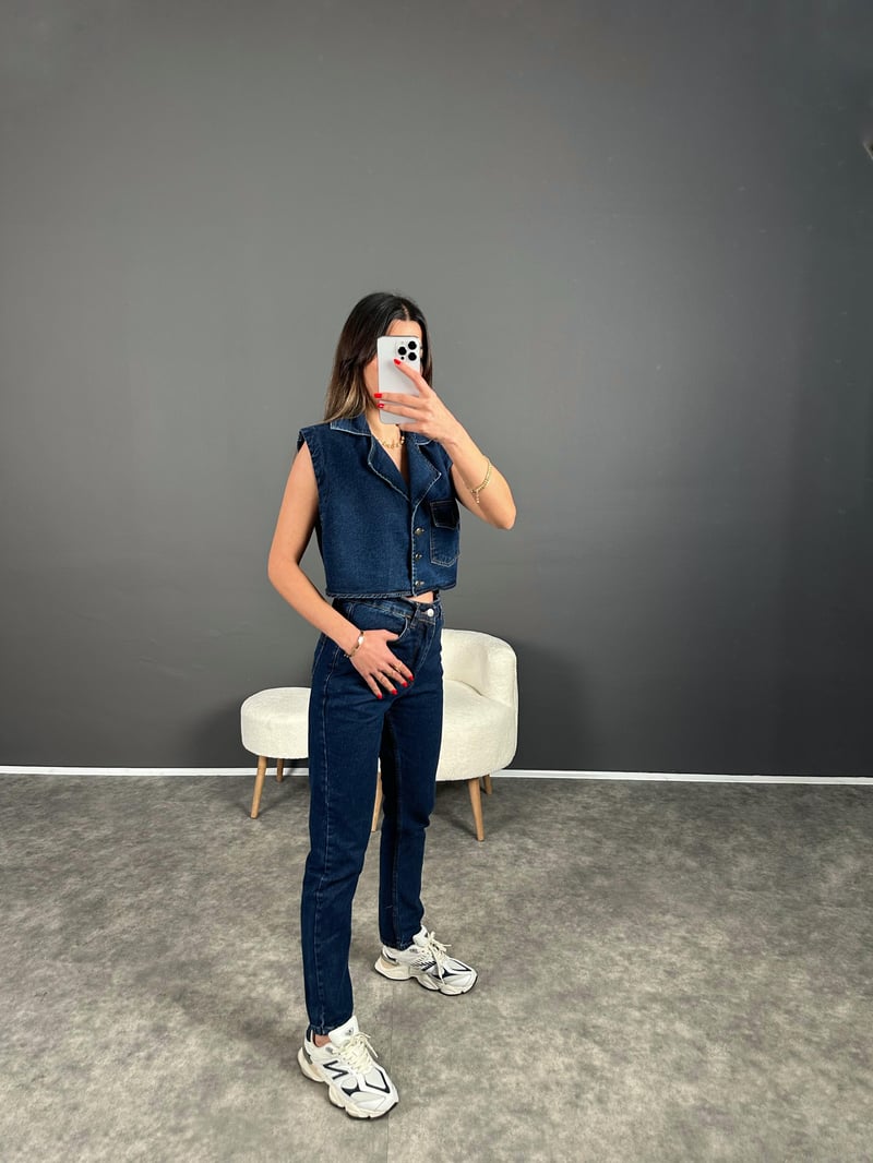 Amio Koyu Mavi Yelekli Denim Takım