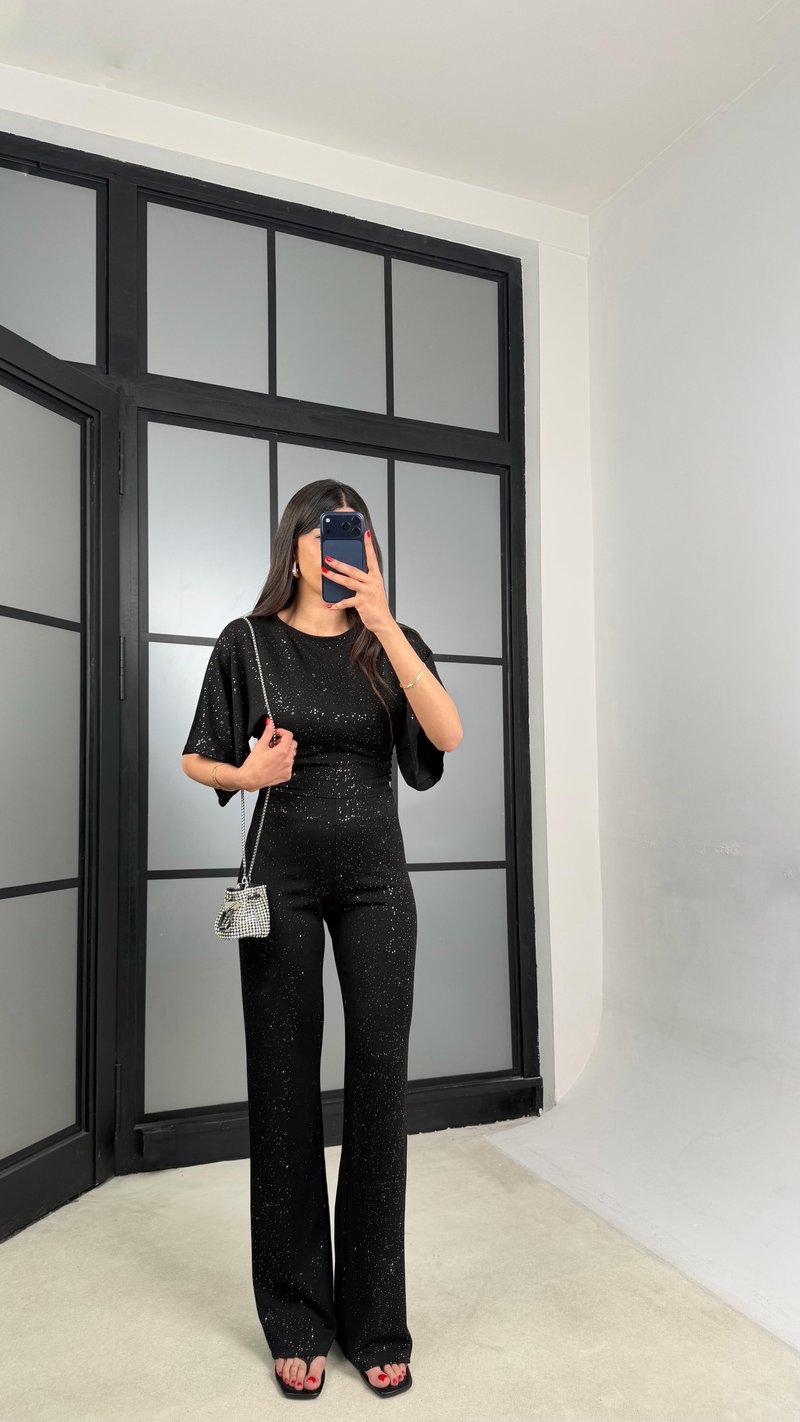 Siyah Simli Bluz Beli Lastikli Pantolon İkili Takım GAUS-01554