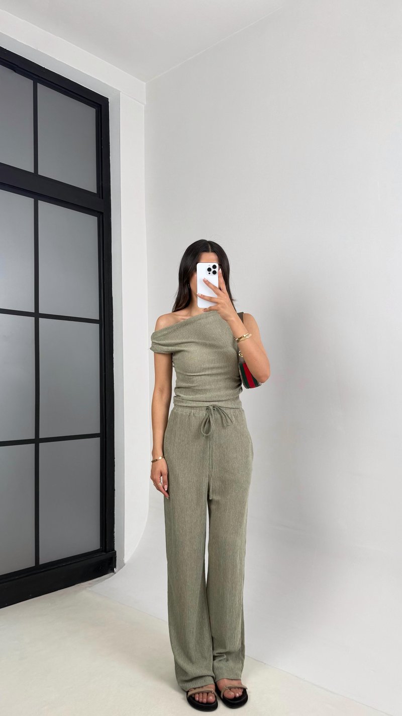 Yeşil Bluz Beli Lastikli Pantolon Bürümcük Takım Gaus00532