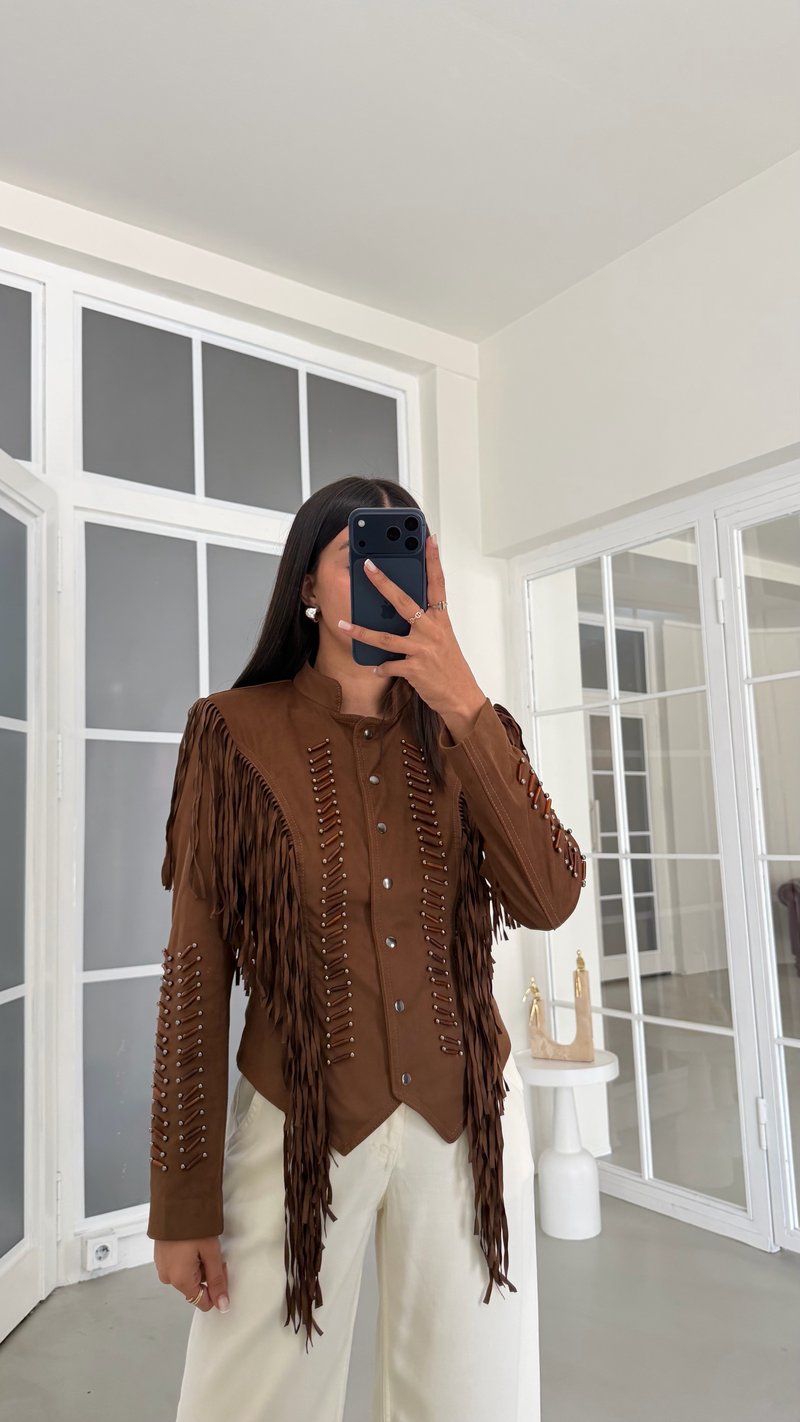 Taba Vatkalı Astarlı Püskül Detaylı Premium Süet Ceket GAUS-02157