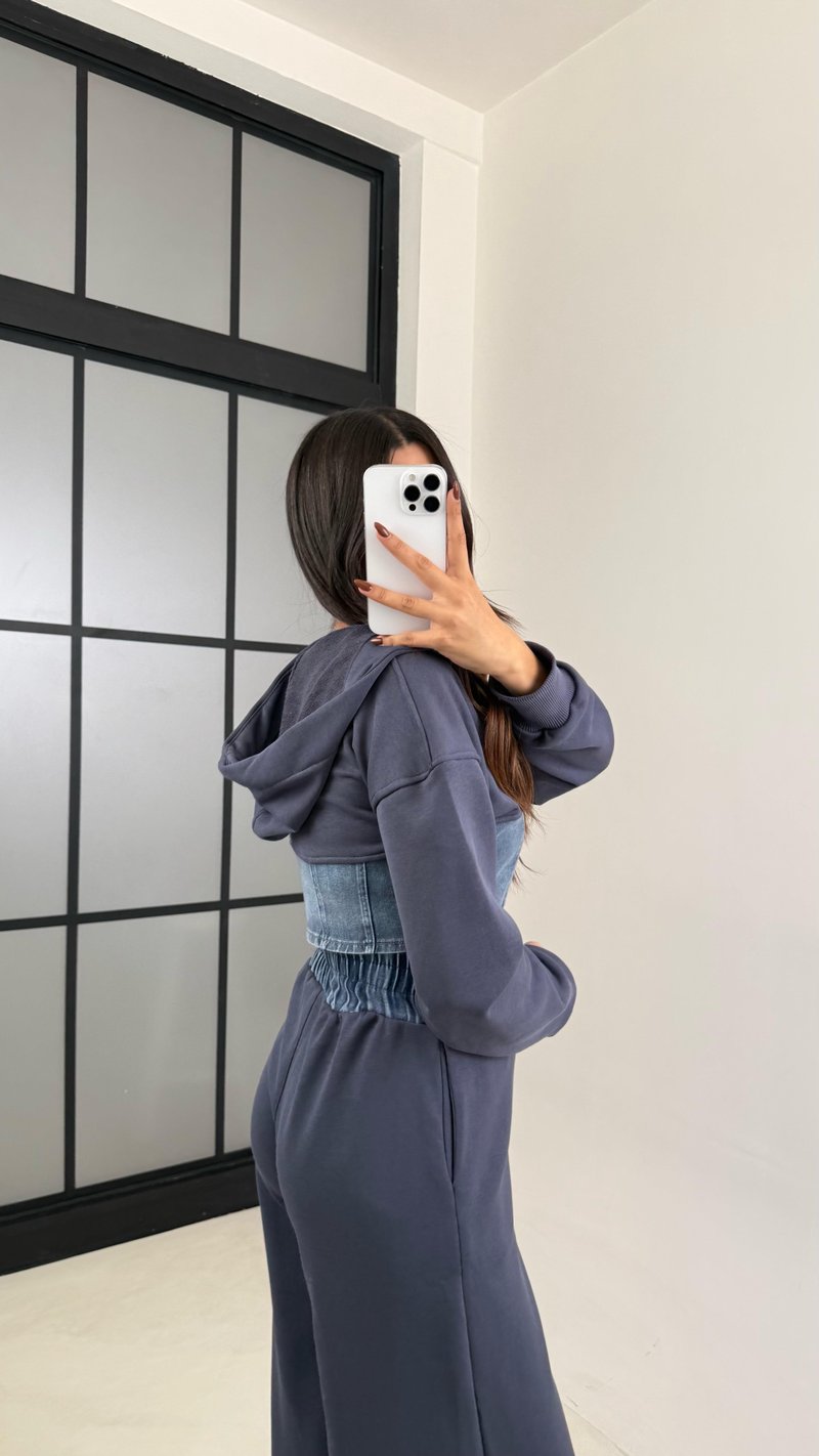 Antrasit Denim Detaylı Kapüşonlu Hırka Beli Lastikli Pantolon Tasarım Takım GAUS-00444